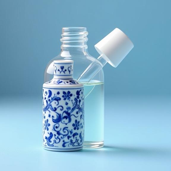 Flacone di siero viso con contagocce e decorazioni blu maiolica.
