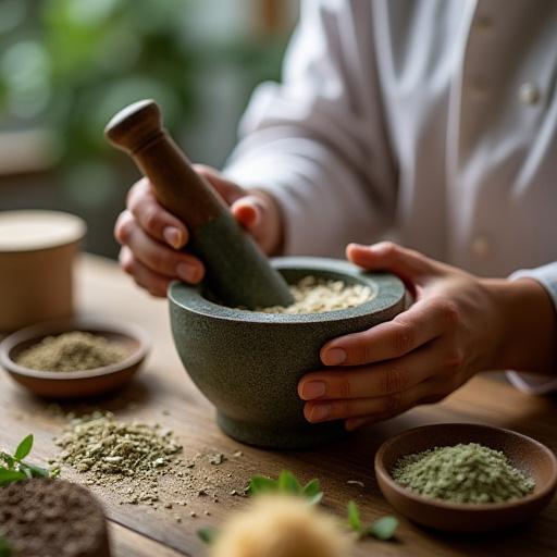 Mani di un formulatore che lavora con mortaio e pestello ingredienti naturali.