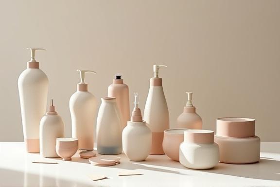 Selezione di packaging artistici in ceramica e vetro su un tavolo da design.